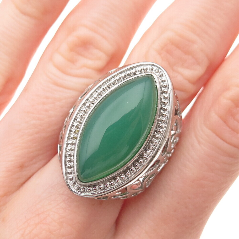 Ken Crafts 925 Sterling Silver Real Green Agate Floral Scroll Ring Size 8.5